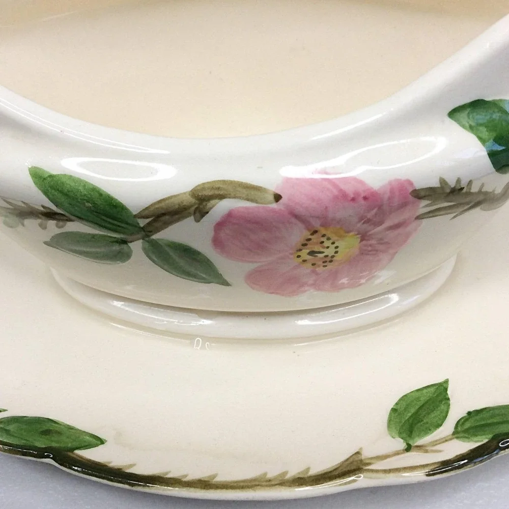 VTG Franciscan Desert Rose Double Spout Gravy Boat Attached Plate USA Pottery 40
